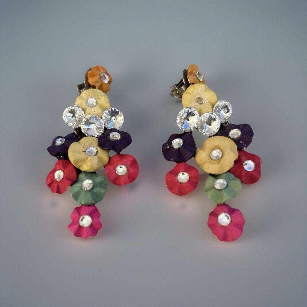 Vintage Earrings, Dangling Flowers With Rhinestone Centers, Clip On
